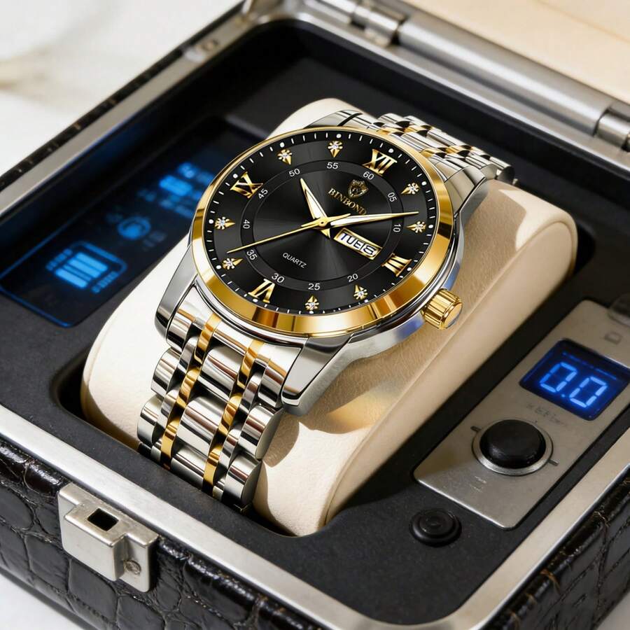 BINBOND 1PC Men Fashion Waterproof Luminous Date Stainless Steel Quartz Watch For Birthday Festival Gifts Father's Day Gifts Lovers Business Souvenirs