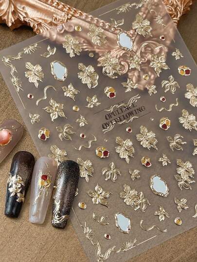 1 Sheet Flower Nail Art Stickers Decals Retro Gold Metallic Flower Nail Stickers Embossed Flowers Leaf Nails Design Adhesive Decals Nail Art Supplies For Women DIY Manicure Nail Decorations