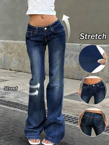 Women's Stretch Blue Low-Rise Flared Jeans, Y2K Fashion Vintage Casual, 2026 Spring And Summer, New Year And Valentine. - Dark - View 1
