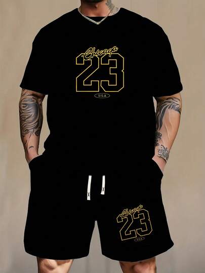 2pcs Men's Regular Fit Short Sleeve T-Shirt And Shorts Set, Personality Print Pattern Fashion Casual Outgoing Outfit, Pocket Design Elastic Waist Drawstring Pants, Suitable For Basketball, Fishing, Outdoor Sports, Great Gift For Husband Or Boyfriend
