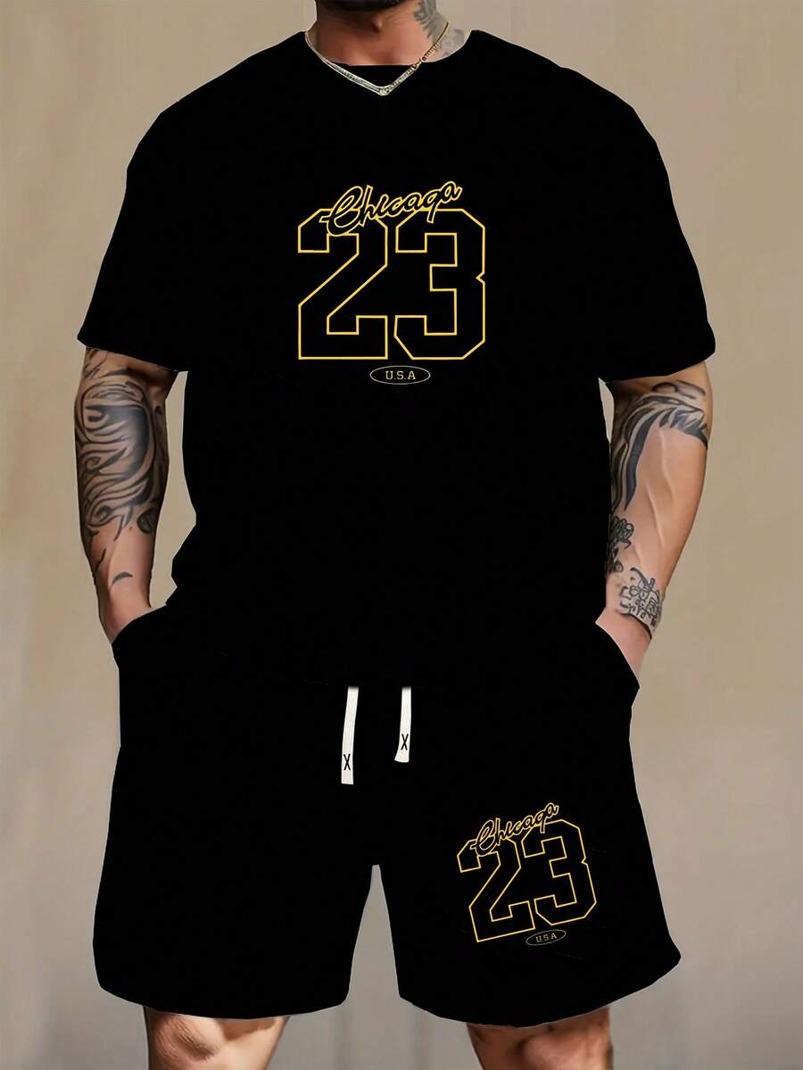 2 件男士常规款短袖 T 恤和短裤套装，个性印花图案时尚休闲外出装，口袋设计松紧腰带抽绳裤，适合篮球、钓鱼、户外运动，是送给丈夫或男朋友的绝佳礼物 - 黑色 - 查看 1