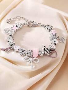 Minimalist Fashionable Pink Love Flower Pearl Crystal Multi-Element DIY Bracelet, Cute Girl Bow Daisy Insect Bracelet, Suitable For Daily, Festivals, Sweet Gifts For Girlfriends, Best Friends, New Year, Valentine's Day, Ramadan - Pink - View 9