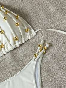 Bikinx 女士时尚露背挂脖比基尼，饰有金色串珠，高腰下装，是夏季的完美之选 - 米色 - 查看 4