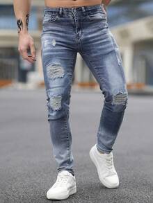 jeans hombre pantalones de hombre>mezclilla Pantalones vaqueros rotos con bolsillos para hombres, pantalones largos de moda y versátiles - Azul lavado medio - Ver 5