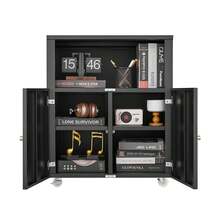 GABINETE DE OFICINA RESISTENTE con RUEDAS - Estante para Impresora y Archivo de 2 Capas, Estante Ajustable y Puertas con Llave, Compatible con Tamaños de Folio y Carta - Negro - Cuatro cuadrículas - Ver 4