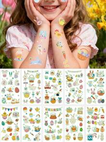 10张可爱卡通夜光复活节临时纹身贴纸，节日派对卡通兔子、彩蛋、小鸡，趣味复活节贴纸 - 彩色 - 查看 1