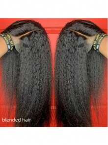 28英寸蓬松直发假发，13x4蕾丝前假发，真人发混纺，女士Yaki直发真人发混纺假发，预先拔毛，180密度，自然黑 - 自然色&黑色系 - 查看 5