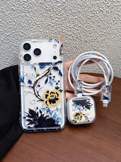 4-Piece Set (1 Airbag Shockproof Phone Case + 1 UK 20W Apple Charger Protector + 2 Data Cable Clips) UV Colorful Floral Pattern Suitable For UK Standard 20W Charger IPhone17/17PRO/17PROMAX/AIR/16/16pro/16promax/16plus/7/8/7p/8p/X/Xs/Xr/Xsmax/11/11pro/11promax/12/12pro/12promax/12MINI/13/13pro/13promax/13MINI/14/14pro/14plus/14promax/15/15pro/15plus/15promax