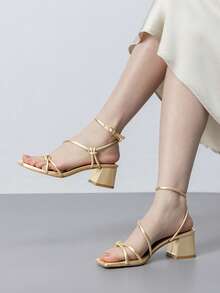Athlefit Strappy Heels For Women Dressy Open Square Toe Heeled Sandals Low Chunky Block Heels Dress Shoes For Prom Wedding - 金色 - 查看 1