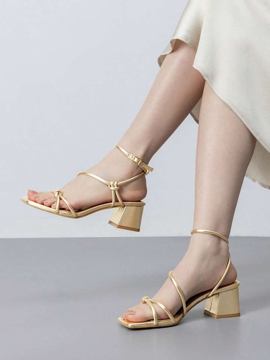 Athlefit Strappy Heels For Women Dressy Open Square Toe Heeled Sandals Low Chunky Block Heels Dress Shoes For Prom Wedding - 金色 - 查看 1