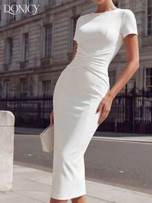 DONICY Vestido blanco de largo medio con pliegues para mujer, vestido elegante de cuello redondo, manga corta y ajustado con abertura, adecuado para verano, primavera y ocasiones de noche - Blanco - Ver 8