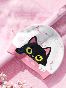 1 Small Silicone Swimming Cap With Cat Pattern Cartoon Cute Pink Waterproof And Soft Professional Ear Protection Swimming Cap Suitable For Wearing During Water Activities - Pink - View 6