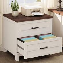 Armario de archivos laterales de madera de granja con 2 cajones y escritorio abierto, armario de archivos grande para archivo legal / carta / A4 de tamaño w / varilla colgante, marco robusto, para oficina en el hogar - Blanco parduzco - Ver 7