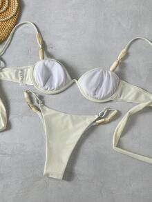 Bikinx Elegant Women's Spaghetti Strap Bikini With Beaded Backless Design High Cut Bottom High Stretch Fabric - Beige - View 9