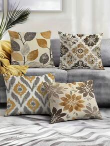 Set Of 4, Brown Abstract Geometric Leaf Pattern Cushion Covers, Made Of 100% Polyester With Single-Sided Printing, Contemporary Style (17.71''X17.71''/45Cm*45Cm) For Living Room, Bedroom, Sofa, And Chair Home Decor - Camel - View 9