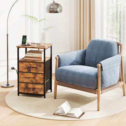 Tomnk Bedside Table With Charging Station, 3 Fabric Drawers Storage End Table, Modern Sofa Side Table For Bedroom Living Room, Perfect As Birthday & New Year Gift