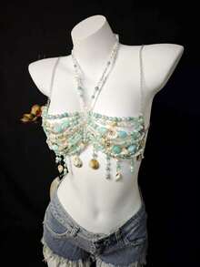 2026 Spring/Summer New Unisex Body Chain, Sexy Acrylic Crystal Pearl Sequin Shell Seashell Body Chain Metal Iron Chain Accessories For Party, Beach, Music Festival, Bikini - Màu xanh lam - Xem 8