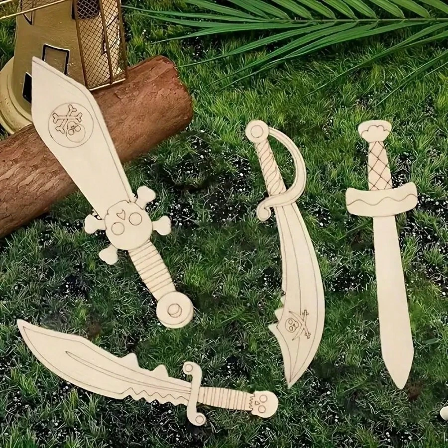 4pcs/8pcs Wooden Sword-Shaped Cutouts, Suitable For Painting And As Decorative Hanging Ornaments For Holidays, Weddings, Pirate-Themed Birthday Parties - Multicolor - View 1