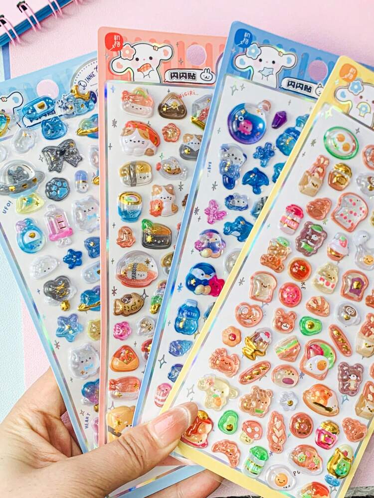 High Quality 3D Cute Stickers, Interesting Shiny Embossed Decor, Stereoscopic Interesting Japanese Anime Stickers, Crystal Stickers, Solid Material, Exquisite Stereoscopic Design, Self-Adhesive Waterproof Non-Stick Decorative Stickers, With Textured Effect And Rich Decorative Atmosphere, Mixed Color Design, Asymmetric Shape - Multicolor - View 2