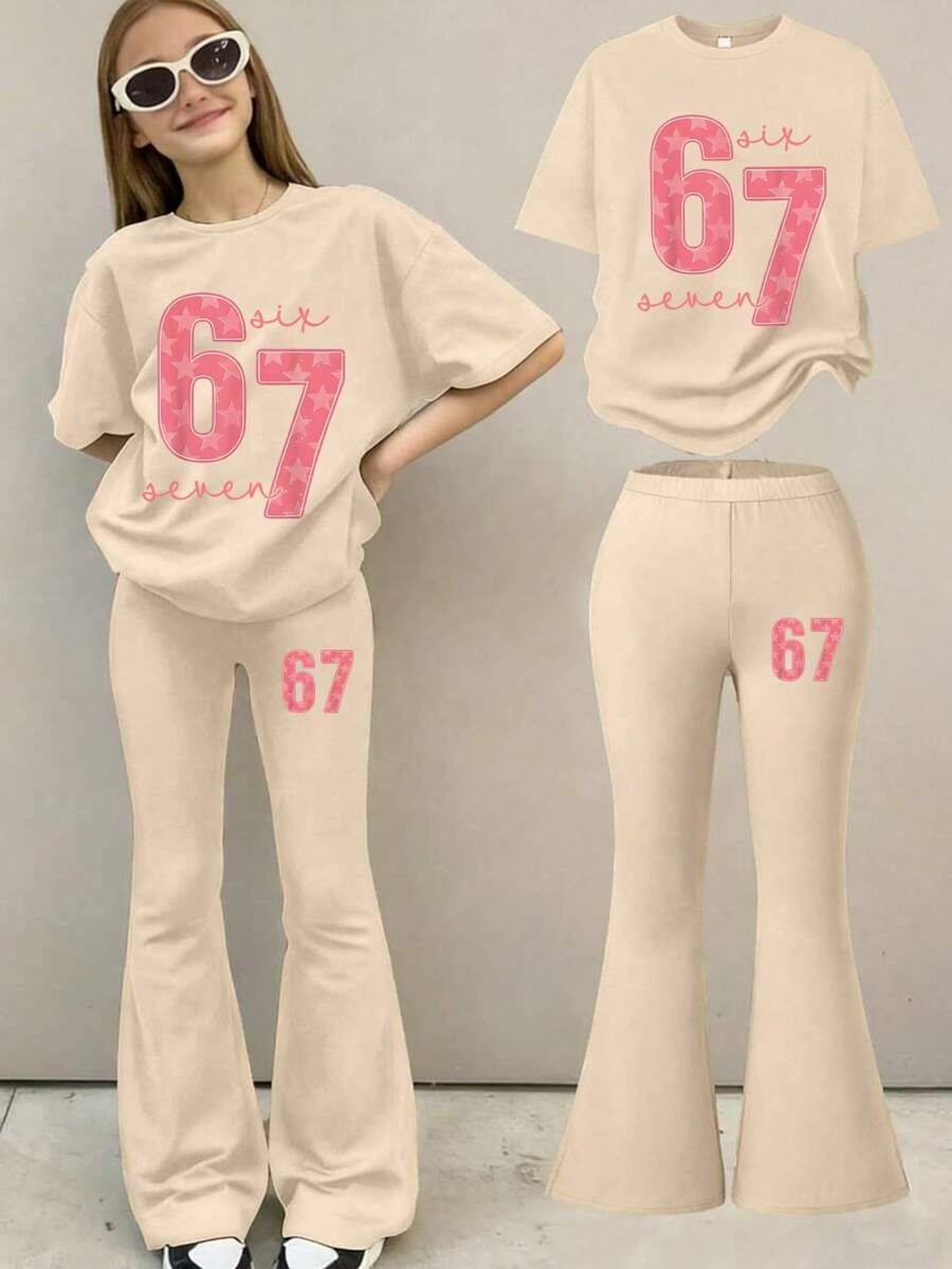 This Casual Set Designed For Girls Features A Fashionable Letter Print Design, Including A White Short Sleeve Round Neck T-Shirt And Mid-Waist Flare Pants. - Apricot - View 1