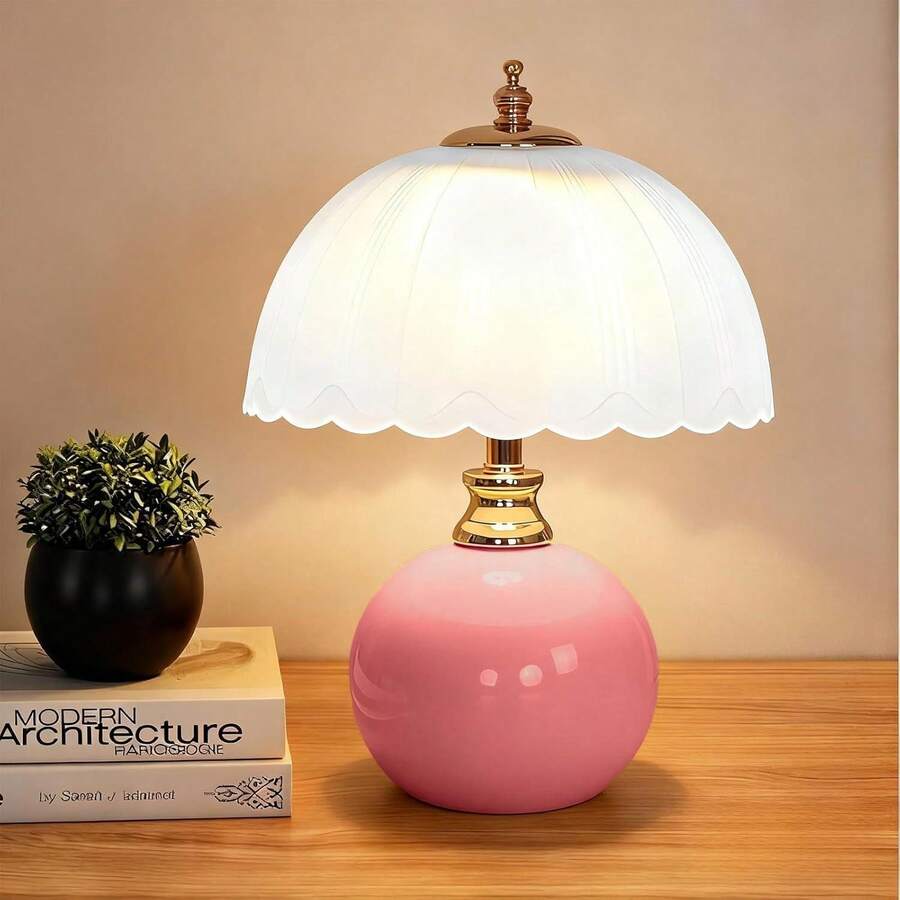 Mushroom Table Lamp, Ceramic Bedside Lamp With Glass Shade, 3-Way Lighting Rocker Switch, Small Nightstand Lamp For Bedroom, Living Room, Office, White - Pink - View 1