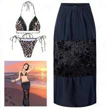 2026新款三件套女士性感时尚夏季沙滩装，上衣和下装采用植绒提花面料，饰有蕾丝边和豹纹印花比基尼套装 - 黑色 - 查看 4