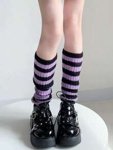1双Y2K原宿哥特朋克风针织腿套，黑粉色、黑紫色、黑白条纹款，长款纯棉腿套，优雅舒适，柔软亲肤，适合春夏穿着，日式优雅风格，柔软舒适的日式休闲腿套 - 彩色 - 查看 3