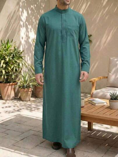 Muslim Men's Formal Long Sleeve Solid Color Loose Traditional Islamic Clothing Kaftan Robe