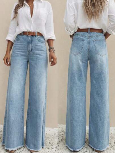 （棉质面料可选）女士复古毛边阔腿牛仔裤