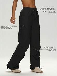 UONNOU 1pc Y2K Style Women's Parachute Pants Elastic Drawstring Waist Design Large Pockets Adjustable Hem Street Style Cargo Pants - Black - View 2
