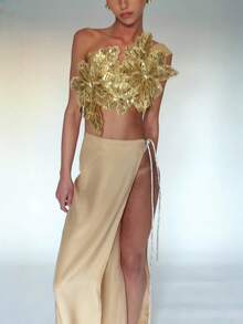 Women's Crystal Sequin Embroidered Floral Tops Y2K 3D Floral Tube Tops One Shoulder Back Silk Tie Crop Tops Party Backless Slim Fit Sleeveless Tank Club Evening Clothes Summer Fashion Outfit, Multiple Ways To Wear - 金色 - 查看 7
