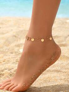 1 pieza Tobillera con colgante de círculo hueco y borla, de estilo minimalista y moderno, adecuada para uso diario, citas, vacaciones en la playa, fiestas, cumpleaños, Ramadán, regalos festivos - Dorado - Ver 5