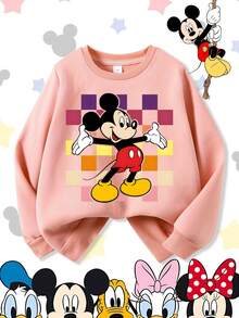 Disney Classic Mickey Mouse Retro Checkered Background Pose Comfortable Print Young Girls' Long Sleeve Sweatshirt, Suitable For Autumn/Winter, Lightweight And Cozy, Great For Layering In Fall, Fashionable Casual Wear, Graphic Design, Back To School Season, Autumn, Back To School Party, Suitable For Outdoor Picnic, Street Photography, Home, Campus, Holidays, New Year Gift - Pink - View 2