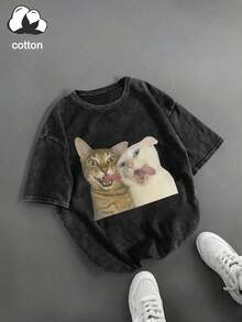 大码女式复古水洗T恤，印有可爱独特的猫咪图案，采用优质纯棉面料，复古时尚印花女式T恤，休闲日常风格，节日礼物，完美之选，短袖上衣，舒适圆领休闲款式，夏季T恤，柔软水洗面料，宽松版型，黑色 - 黑色 - 查看 4