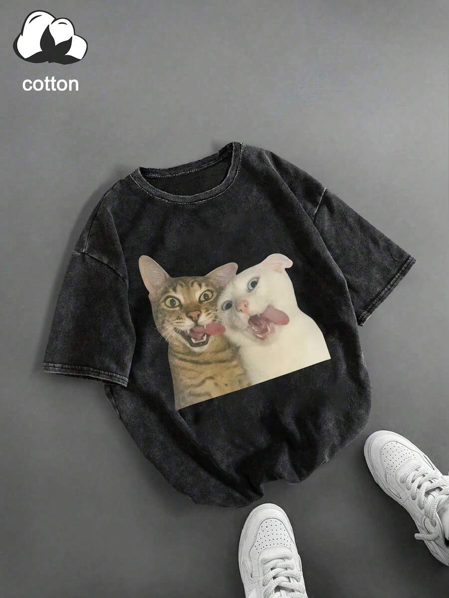 Áo thun nữ cỡ lớn kiểu vintage giặt mài với họa tiết mèo dễ thương độc đáo, được làm từ vải cotton chất lượng cao, áo thun nữ in họa tiết retro thời trang, phong cách thường ngày thoải mái, quà tặng ngày lễ, món quà hoàn hảo, áo tay ngắn, cổ tròn thoải mái, áo thun mùa hè, vải mềm mại đã qua xử lý, dáng rộng rãi, chất liệu mềm mại màu đen. - màu đen - Xem 1