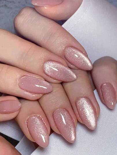 24pcs Minimalist Pink Cat Eye Medium Almond Shaped False Nails, Suitable For Work & Daily Wear, Comes With Jelly Gel And Nail File