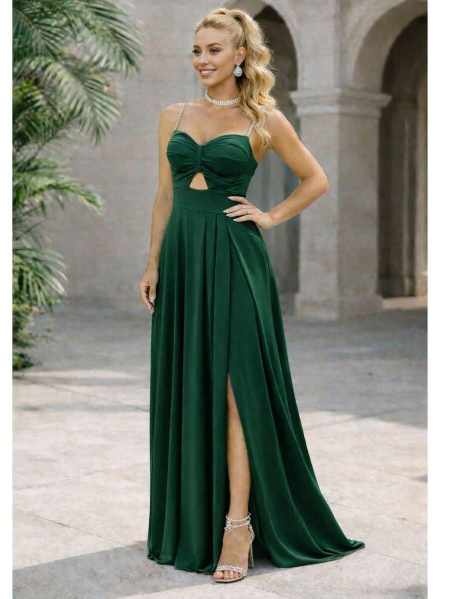 Princess-Style Bridesmaid Dress For Graduation With Rhinestone Straps, Inexpensive, Matte Fabric For Bridesmaids And Guests. - màu xanh ngọc lục bảo - Xem 1
