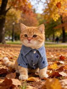 宠物服装，猫狗服装，宠物春季透气衬衫，蓝白条纹星形图案，适合猫狗的休闲衬衫 - 藍色 - 查看 4