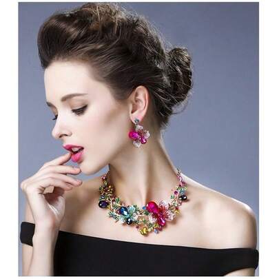 Luxury Multi-Color Green, Purple, White Crystal Flower Necklace & Earring Set, Fashion Wedding Choker Necklace, Golden Charm Pendant, Retro Chain Boho Style Accessories For Women