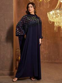 UNITHORSE 立领长袖贴花流苏优雅连衣裙 - 藏蓝色 - 查看 2