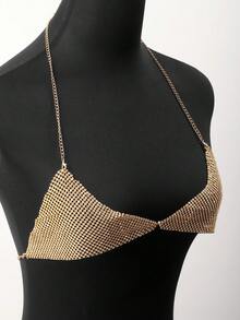 1pc Women's Fashionable Sexy Summer Beach Bikini Accessory, Multi-Row Rhinestone Chest Chain & Body Chain - Gold - View 1