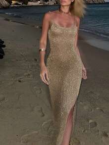 女士新款性感迷人吊带连衣裙，方领系带露背设计，做工精致，侧开衩，修身剪裁，优雅长裙，适合海滩度假、海滩派对、节日、日常约会、时尚写真、毕业典礼、夏季休闲场合等。 - 粉色 - 查看 7