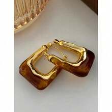 2Pcs Elegant Vintage U-Shaped Hoop Earrings With Golden-Tone Finish & Resin Inlay – Stylish Everyday Accessory For Women, Perfect Gift - 棕色 - 查看 2
