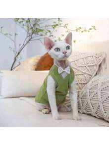 Hairless Cat/Dog Clothes, Thin Bow V-Neck Casual Undershirt - Green - View 3