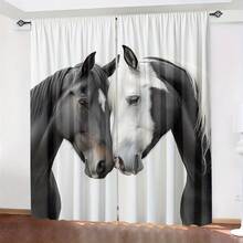两件套：高清骏马印花窗帘 - 透光，杆袋式设计，适用于卧室、客厅、办公室装饰 - 耐用涤纶材质，可机洗 - 彩色 - 查看 9