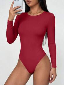 PRETTYGARDEN Women Spring Bodysuits For Long Sleeve Shirts Fitted Basic Ribbed Layering Bodys Tops Fall Fashion Winter Clothes Red Vacation Rompers Outfits For Women - Red - View 3