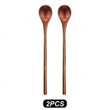 2pcs/4pcs Brown Wooden Long Handle Soup Spoons, Household Tableware Soup Spoon Rice Spoon Stirring Spoon, Suitable For Honey, Milk Tea Mixing In Kitchen - Multicolor - View 13