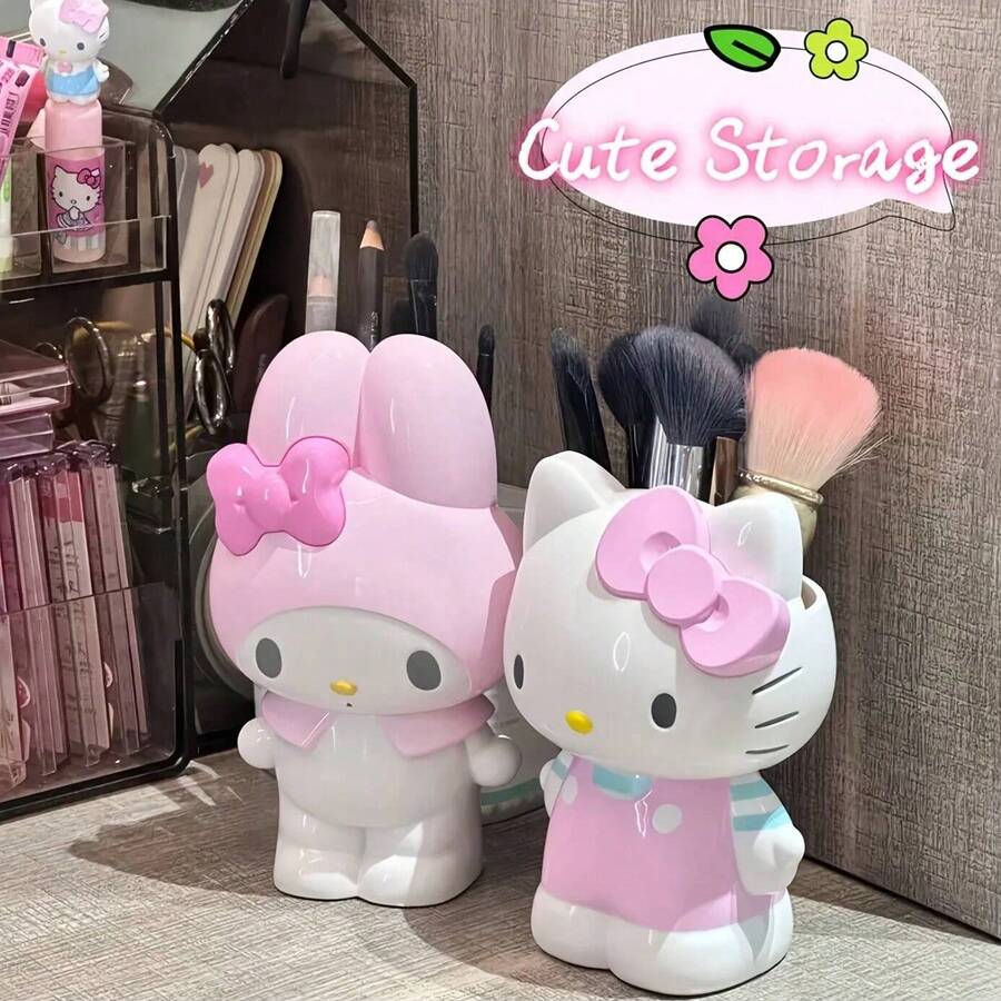 1个Hello Kitty造型收纳罐，化妆台装饰及工具收纳盒，可爱办公桌笔筒，两种款式可选，家居桌面配件，日常使用 - 粉色 - 查看 1