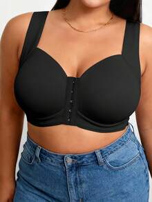 Áo ngực không gọng, không đường may, cài trước, cỡ lớn dành cho nữ, thiết kế mềm mại, che phủ toàn diện, nội y thời trang, đệm định hình không thể tháo rời, dây đeo rộng và cài trước, phù hợp với vòng ngực lớn, thoáng mát, nâng đỡ và định hình, thoải mái khi mặc hàng ngày. - màu đen - Xem 5