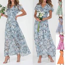 New Beach Flared Long Dress Chiffon Floral Short Sleeve Ruffle V-Neck Fashion Waist-Cinching Dress - Light Blue - View 2